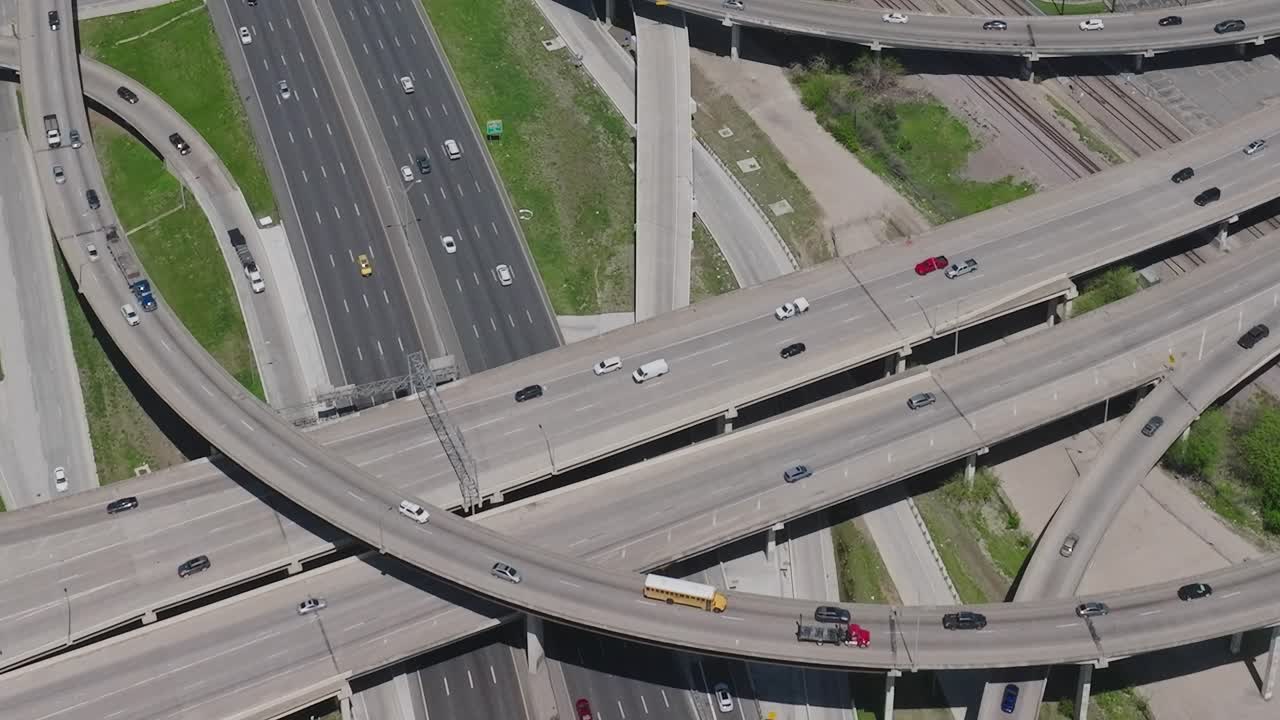 Traffic on highways in downtown Dallas, Texas captured from above