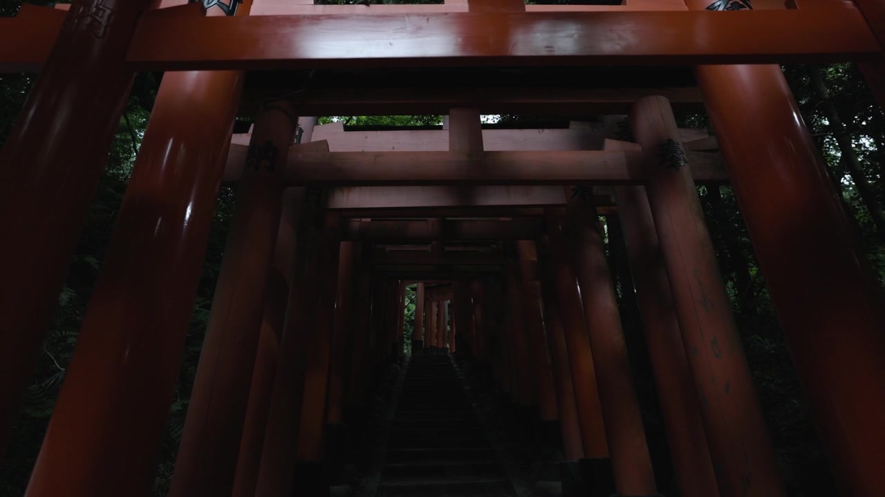 伏見稲荷大社の空の鳥居トンネル、夕暮れ時