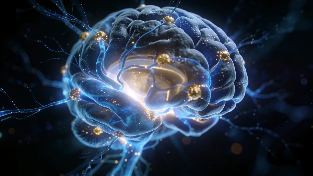 Rising core driving 3D brain rotating in dark void, showing signals along filaments and gold nodes