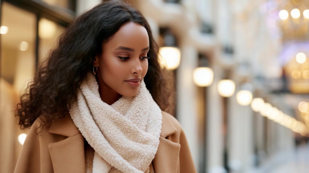 Donna elegante con capospalla e sciarpa alla moda che passeggia in un ambiente urbano chic, catturando l'essenza della moda moderna e della raffinatezza.