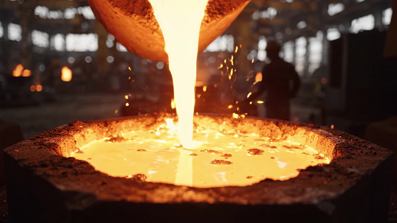 L'intenso processo di colata di metallo fuso in una fonderia: catturare il calore e l'energia della fusione del metallo in un ambiente industriale.