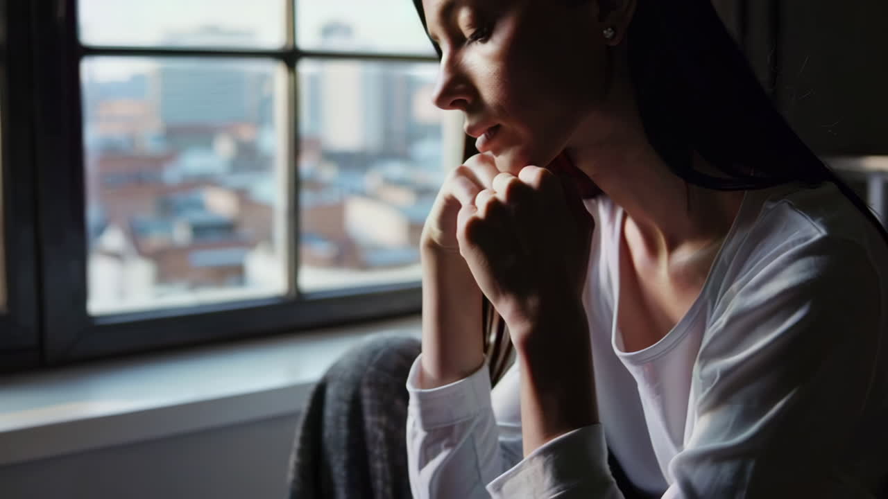 una mujer mirando por una ventana.