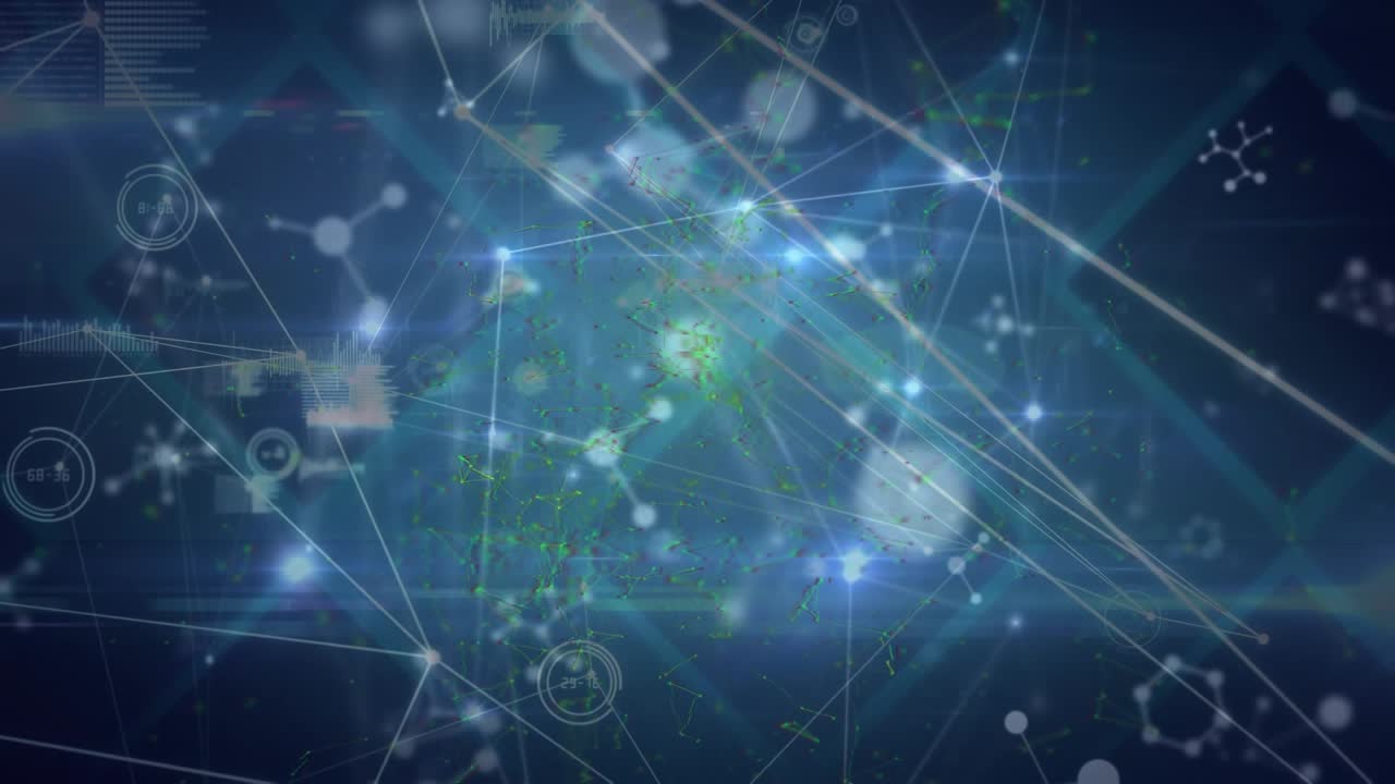 Animation of network of connections with icons and molecules on dark blue background