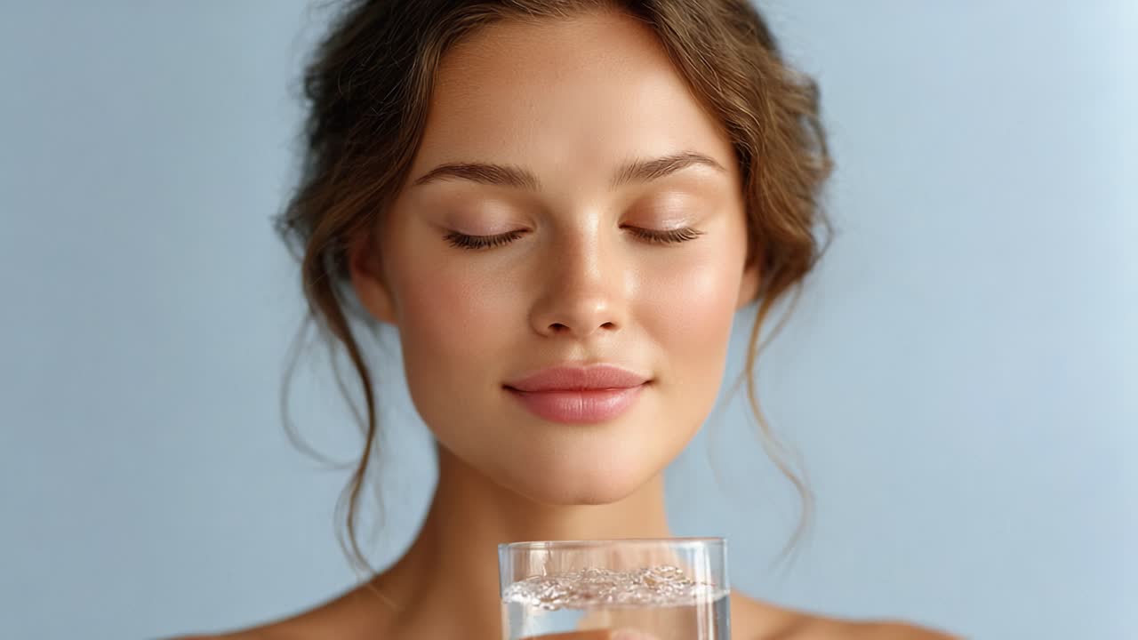 A serene moment captured: a young woman with closed eyes enjoying a refreshing glass of water against a soft blue background, embracing tranquility and hydration