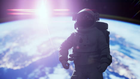 Hombre-Espacial-Astronauta-En-El-Espacio-Sobre-Un-Fondo-Del-Planeta-Tierra-Azul