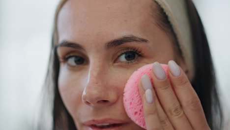 closeup lady using sponge pad at home. satisfied calm woman cleaning lotion skin