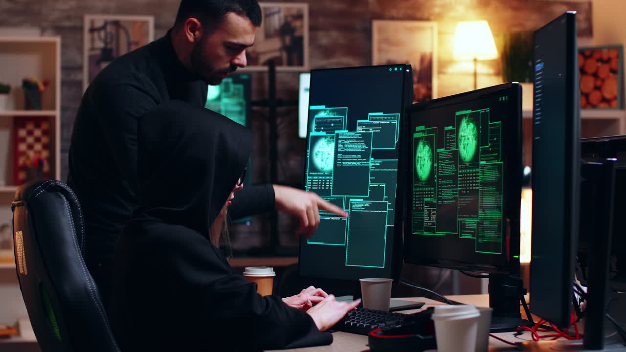 Hacker leader helping girl with her hacking