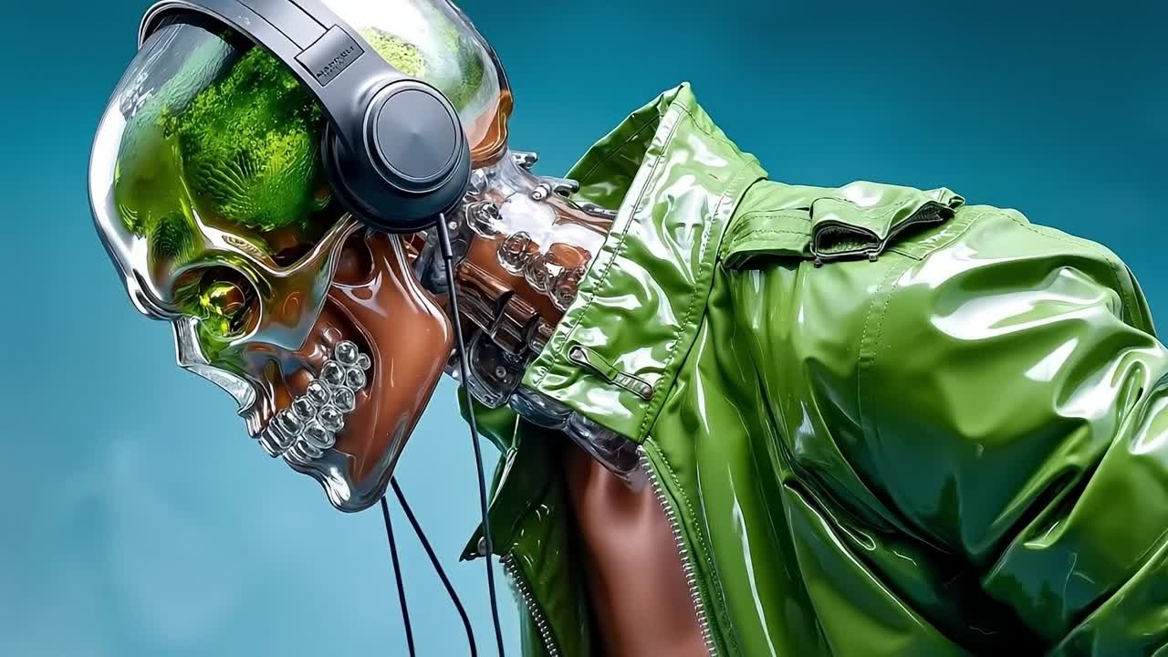 A man in a green jacket with a skull on his head