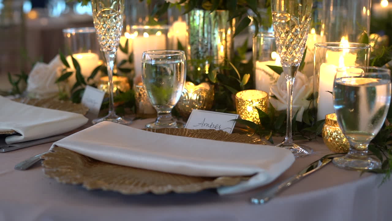 Wedding Details Sweetheart Table Couples Dining Place Setting Bride's Name Tag Champagne Flute