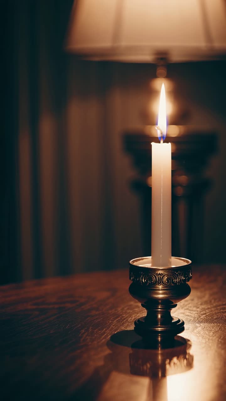 A serene video capturing a single candle's flickering flame in a dimly lit room