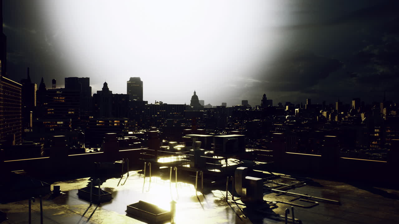 Urban skyline bathed in surreal light during twilight hours