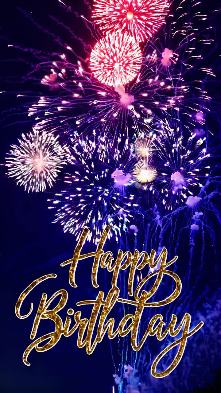 Vibrant fireworks burst in the night sky with 'Happy Birthday' text overlay