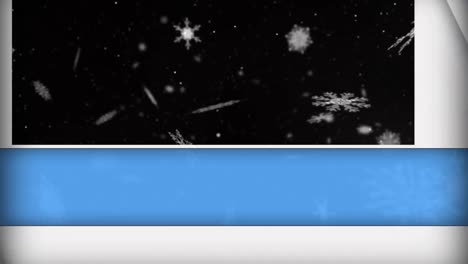 animation of blue and white panels opening over white snowflakes floating on black background