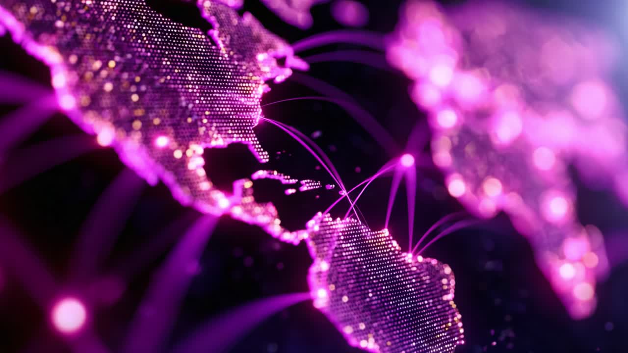 Illustrazione della connettività globale: una mappa digitale vivace che mette in evidenza l'interconnessione tra i continenti con reti complesse di linee in tonalità rosa brillante che rappresentano il flusso di dati e la comunicazione