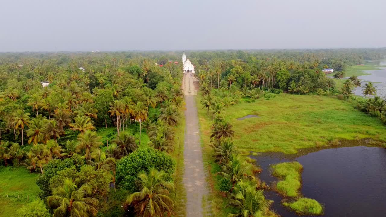 Aerial view of a church in rural Kerala, India, approached by a palm-lined road, surrounded by lush green coconut groves and backwaters