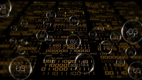 binary code and 6g text animation over digital matrix background