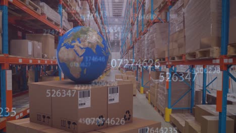 Animation-of-numbers-changing-over-globe-and-cardboard-boxes-in-warehouse