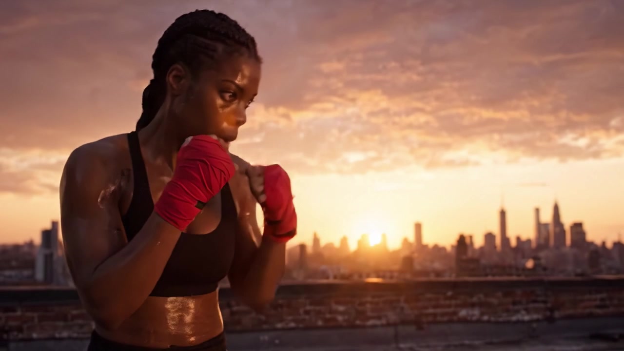 Fierce Determination Shines Through as a Boxer Trains Against a Stunning Sunset Skyline, Capturing the Essence of Strength and Resilience in the Moment