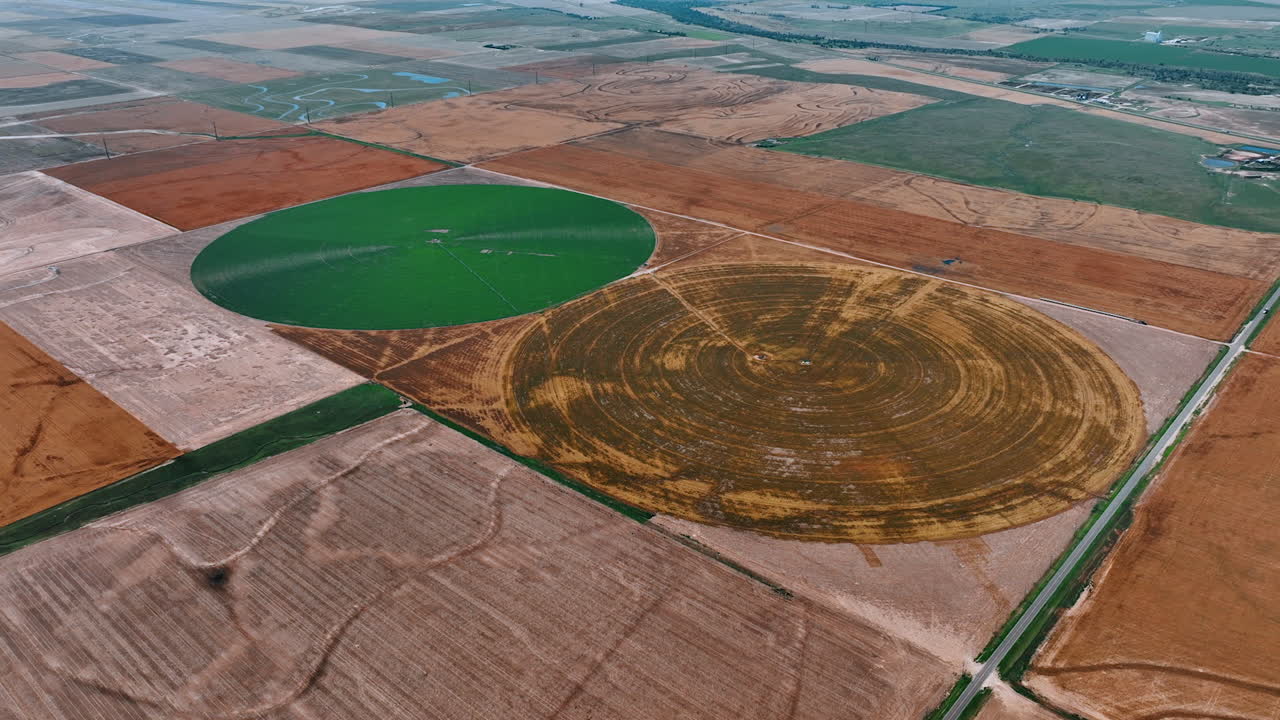Center pivot irrigation farms on the vast agricultural plantations. Top view on the circle fields with and without vegetation.