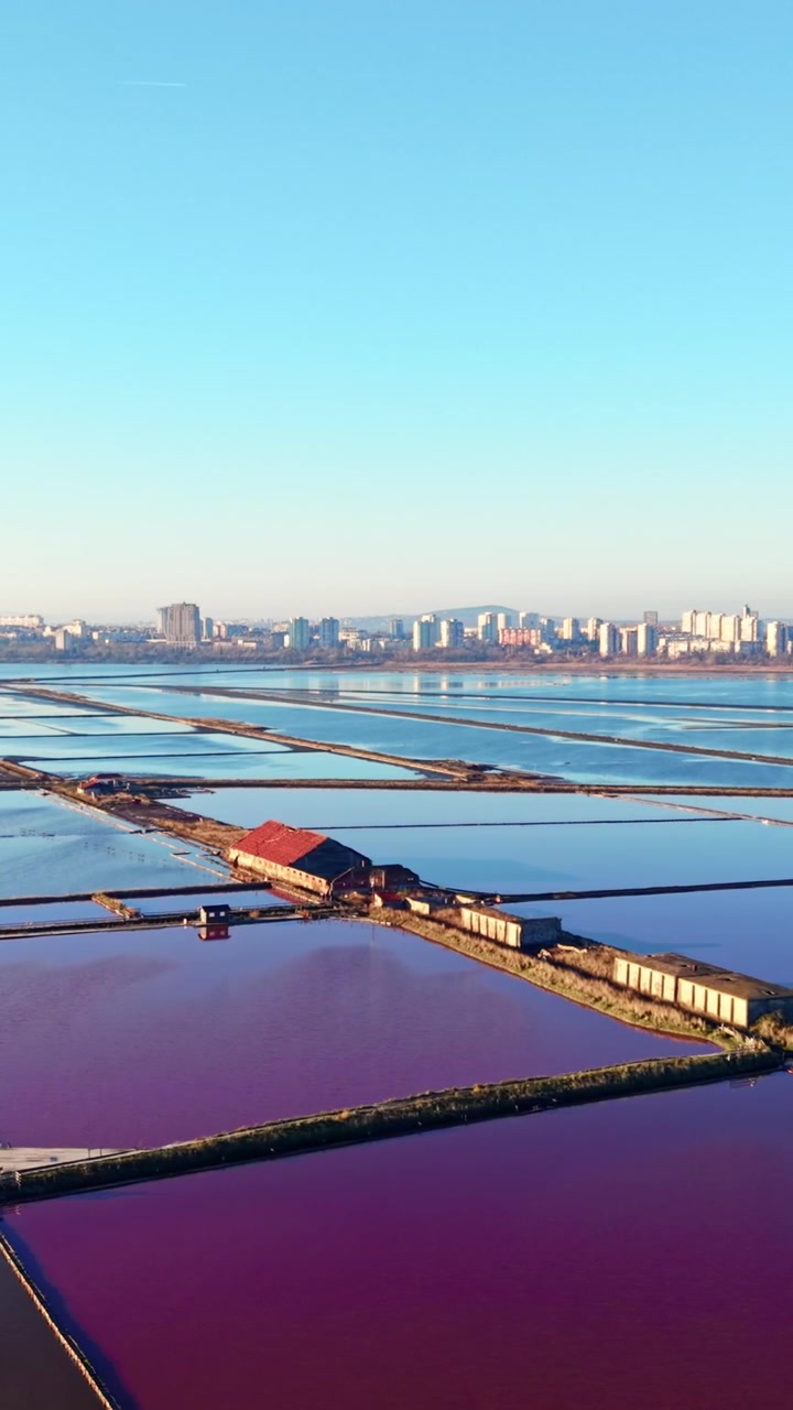 Vista aerea di saline vicino allo skyline della città, Bulgaria. Vasche di evaporazione blu e viola si estendono verso lontani condomini. Video verticale