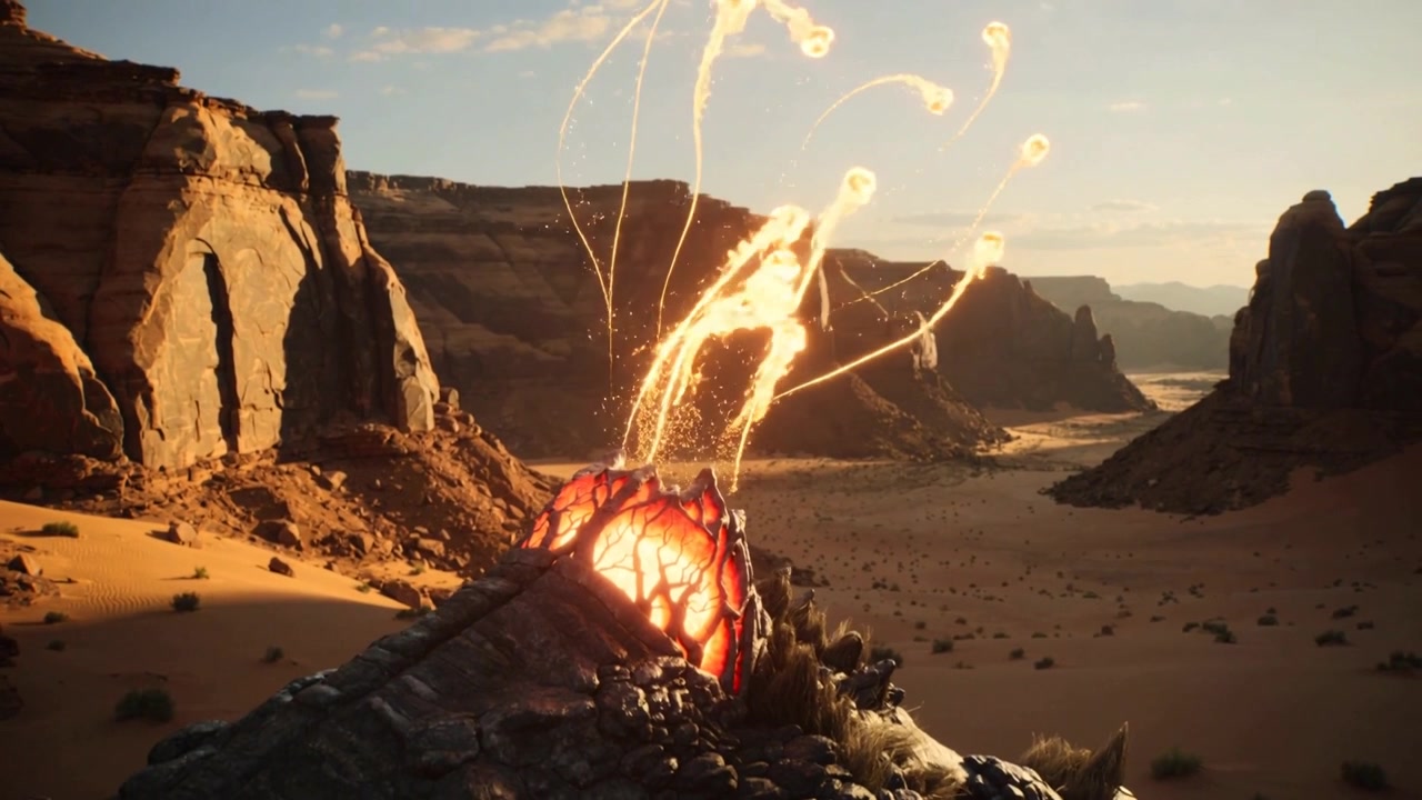 Pulsing red pod on scaly mound launching golden sparks across sunlit canyon as glow rising, fading