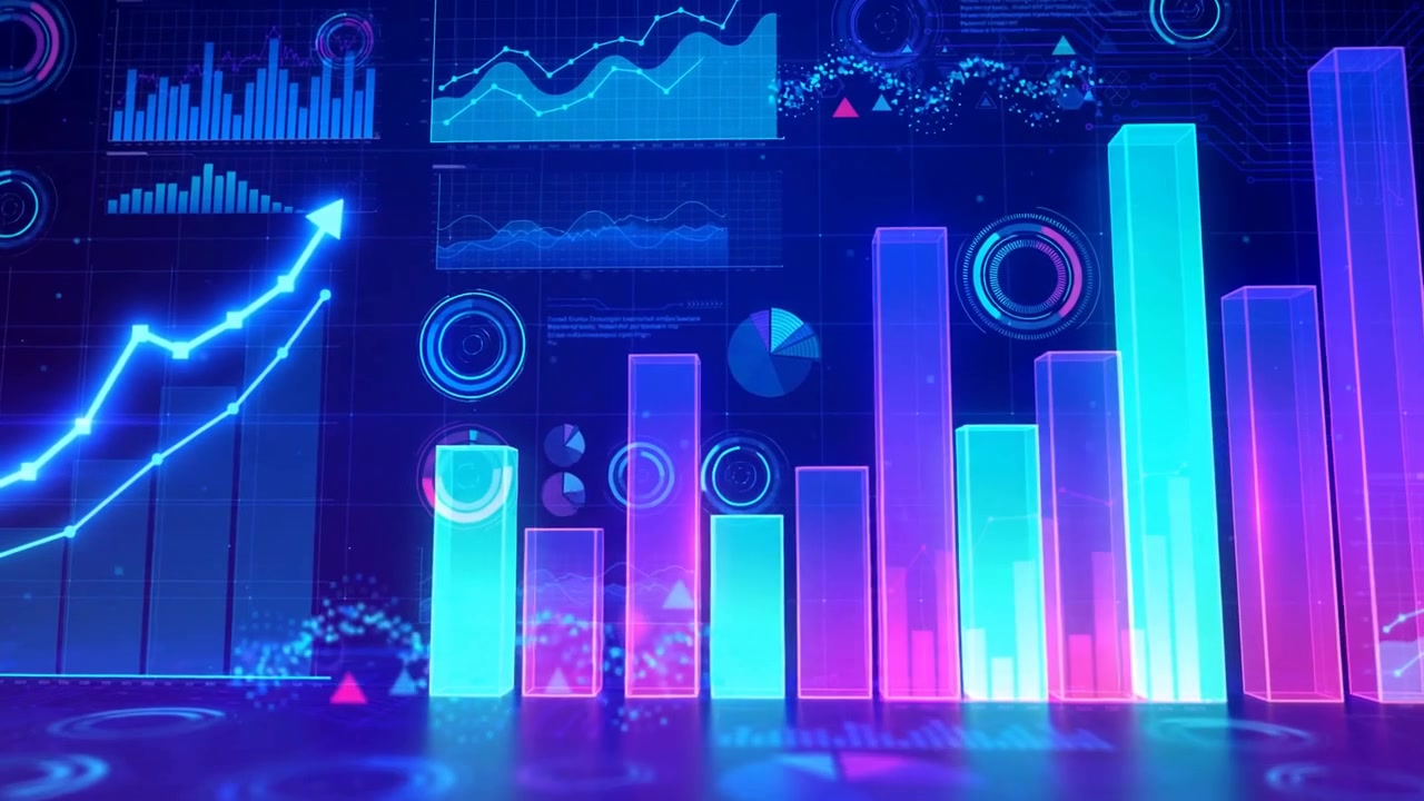 Futuristic digital 3D bar charts and rising line graphs glowing blue and purple on a dark background