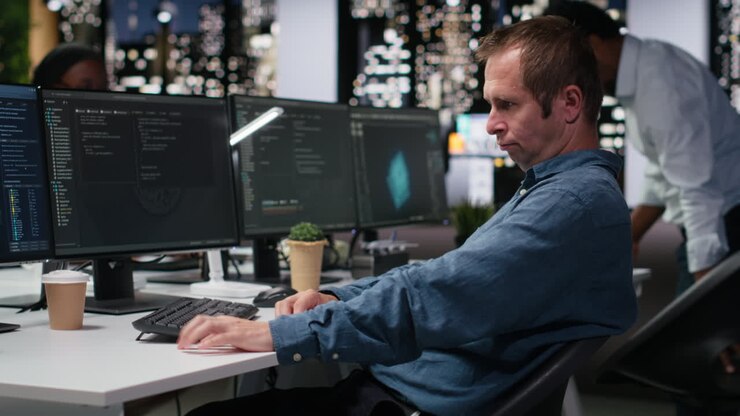 Programmatore concentrato che digita codice su più monitor in un ufficio moderno.