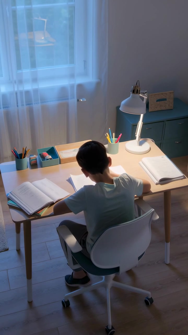 Vertical video: Studying male teen in tee leaning and writing homework at desk, lamp turning on