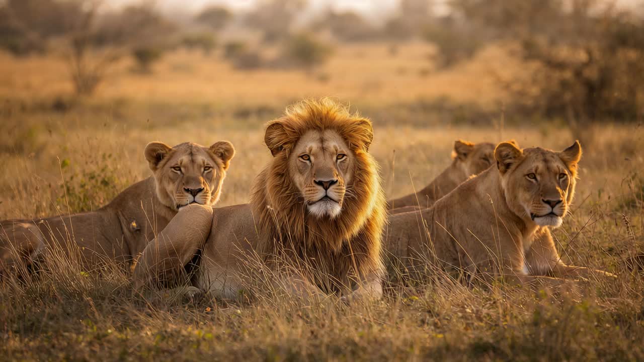 Stringe sulla camera mostrando un leone maschio a riposo e delle leonesse che sbattono le palpebre, risparmiando energie nella savana