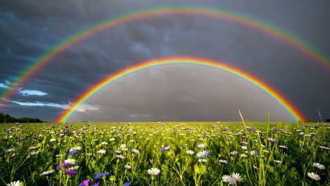 double rainbow over a field of flowers