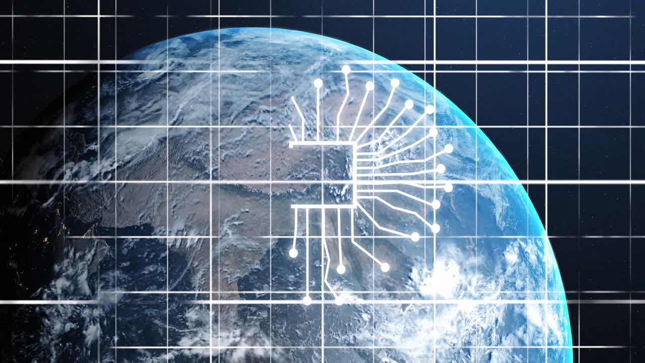 animación de un icono y procesamiento de datos sobre el globo y la cuadrícula