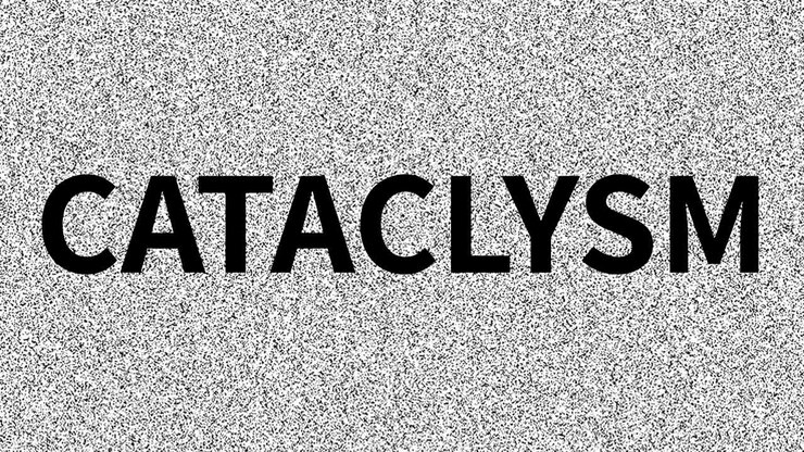 Cataclysm. Word about problem on noisy old screen. Looping VHS interference. Vintage animated background, video footage