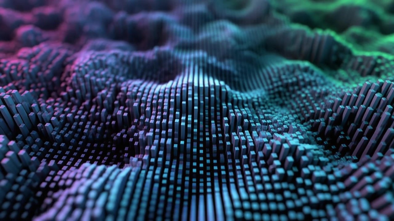 Abstract Digital Wave of Moving Cubes with Neon Lighting