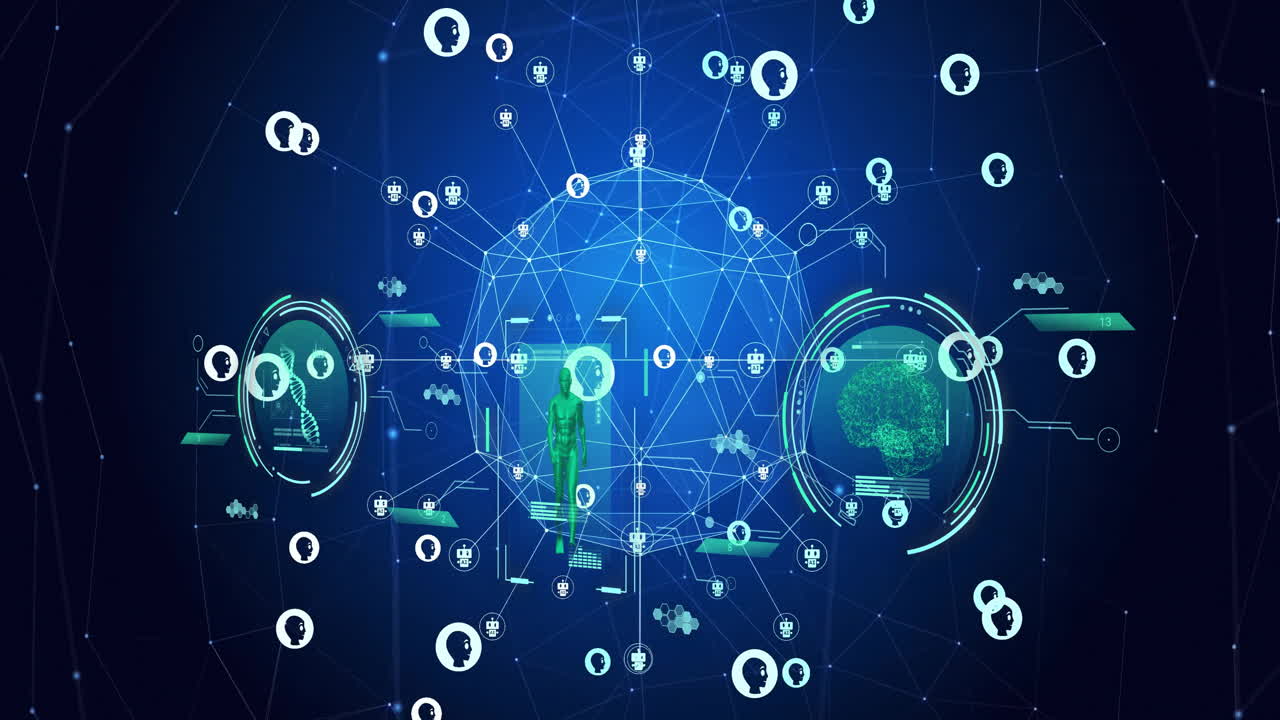 Animation of globe with networks of connections, scientific data processing and ai icons