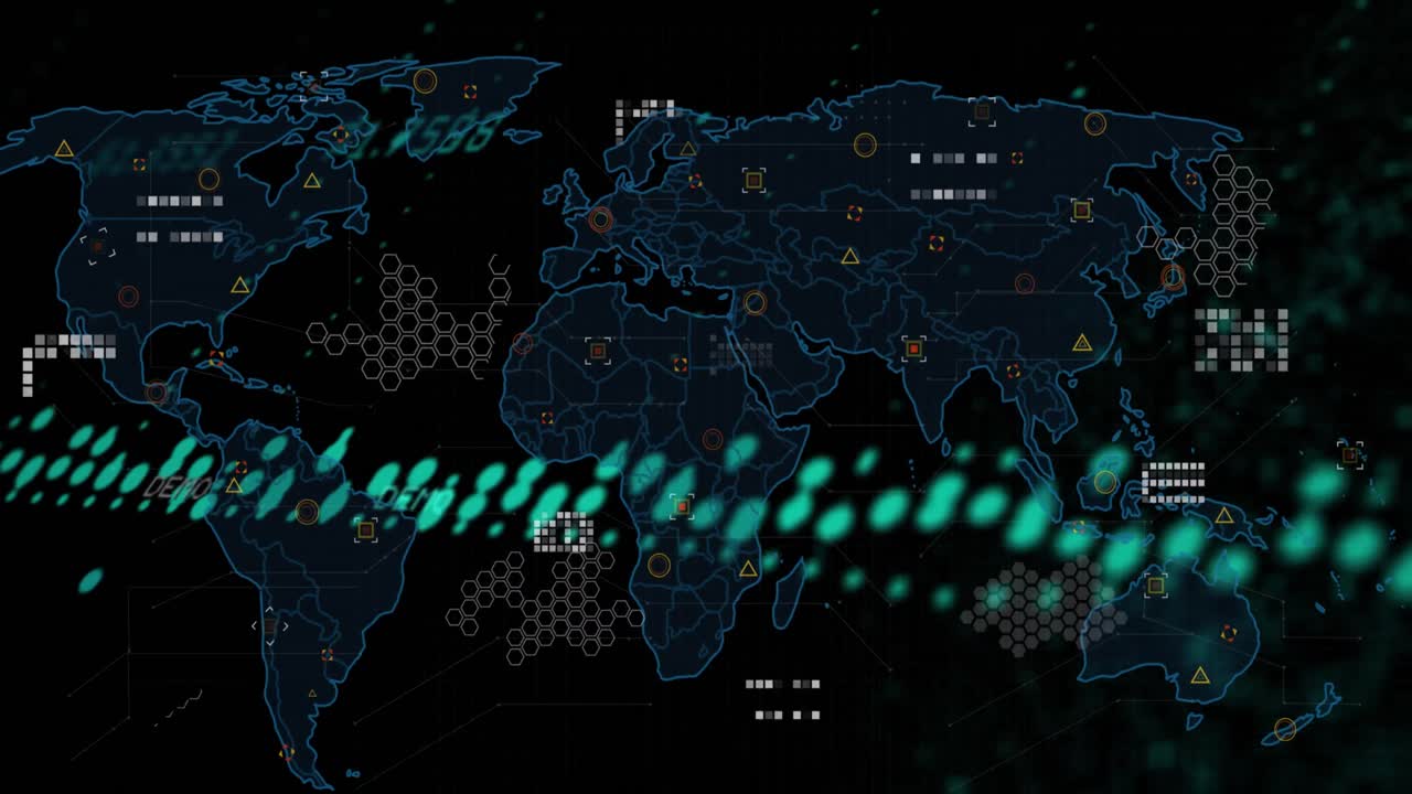 Animation of graphs, data and world map on black background