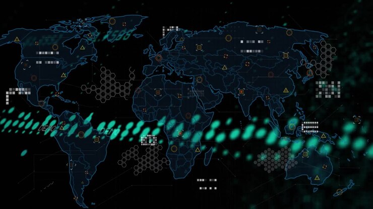 Animation of graphs, data and world map on black background