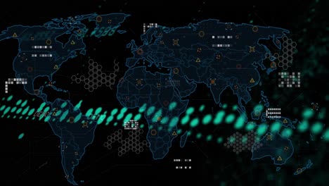 Animation-Von-Grafiken,-Daten-Und-Weltkarte-Auf-Schwarzem-Hintergrund