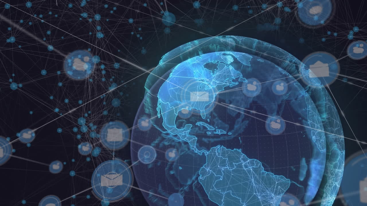 Animation of connected icons and connected dots over globe against black background