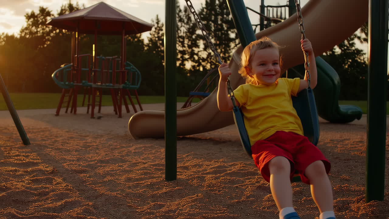 Child Swinging in Park at Sunset