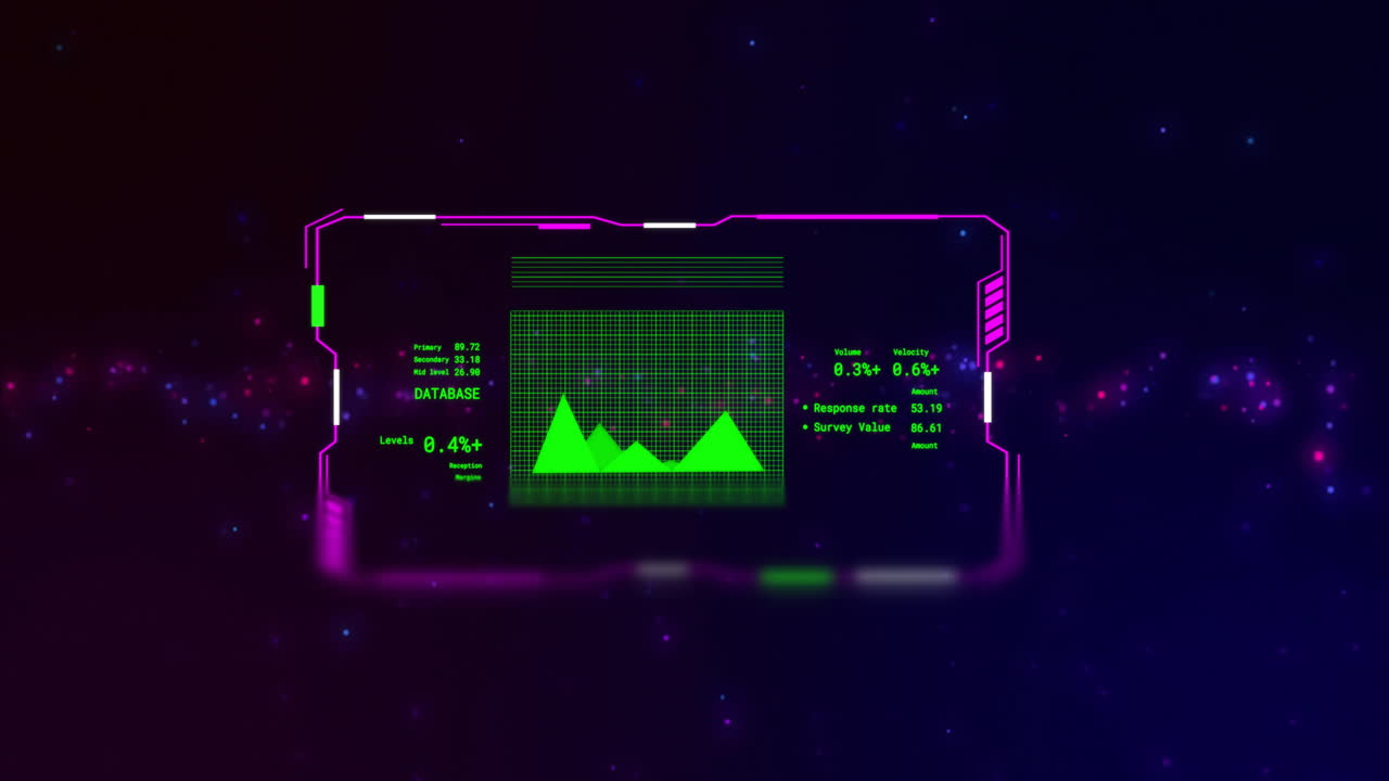 Animation of interfaces with green chart processing data over coloured light spots, on black