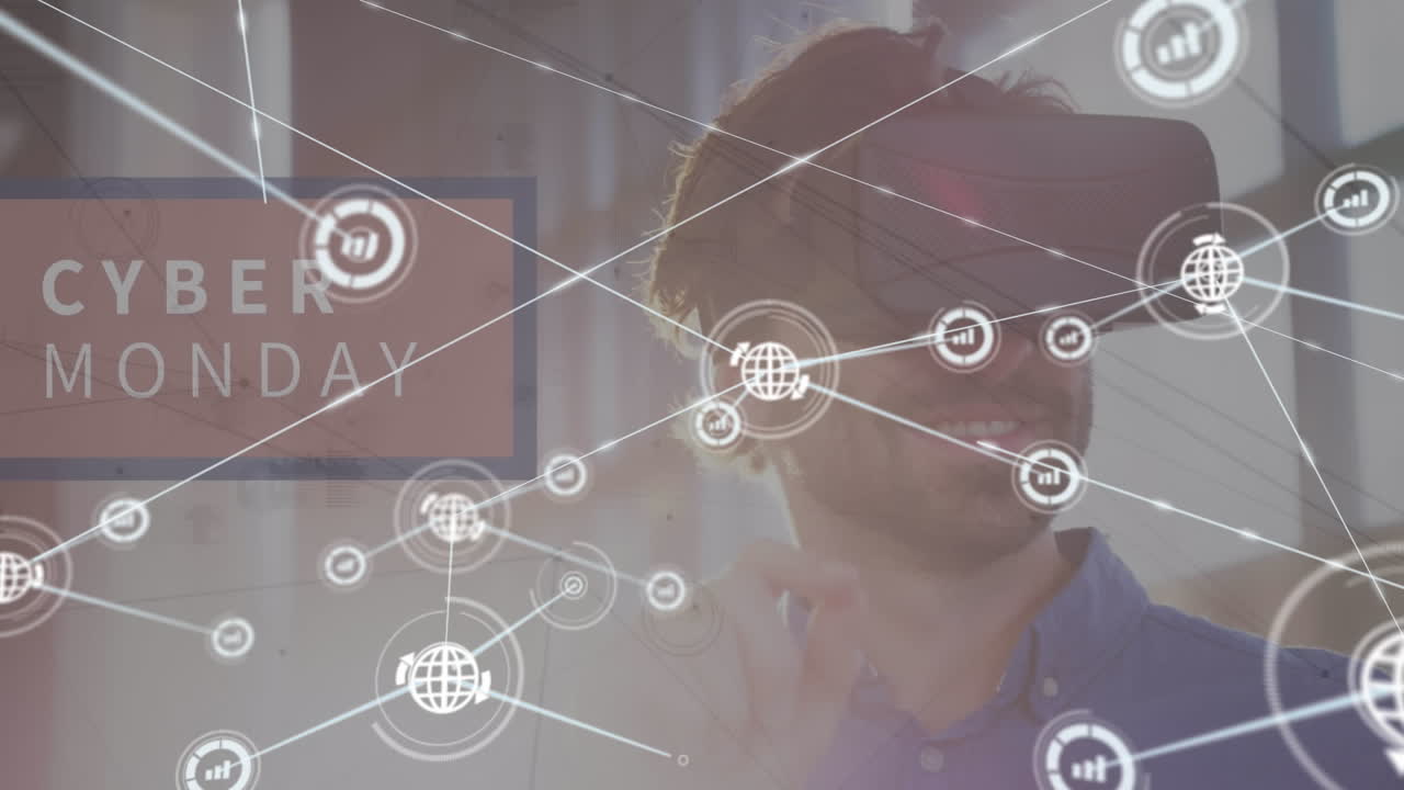 Animation of network of connections with icons over woman using smartphone