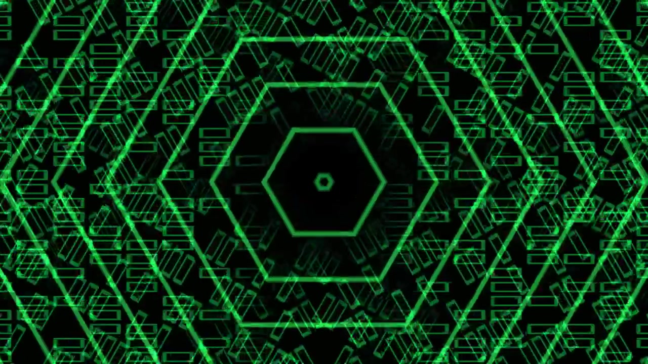 Green Hexagon Tunnel Travel Background This green hexagon tunnel travel background shows moving geometric shapes. The design creates a sense of depth and motion with bright green lines against a dark