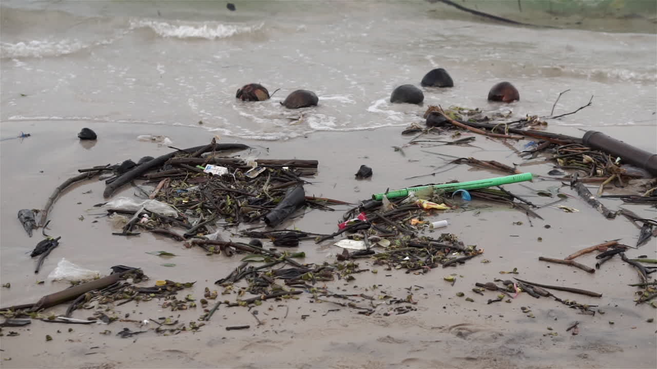 playa muy contaminada y sucia llena de plástico y escombros en la arena y en el agua a lo largo de la costa