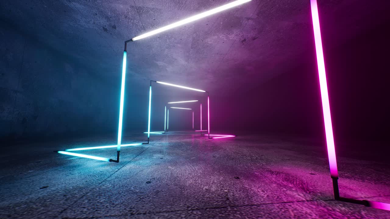Sci-Fi neonová zářící světla v tmavé chodbě