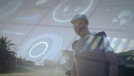 male golfer carrying golf bag on fairway, displaying technology data charts and world map overlay