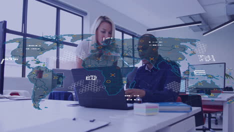 animation of financial data processing over diverse business people in office