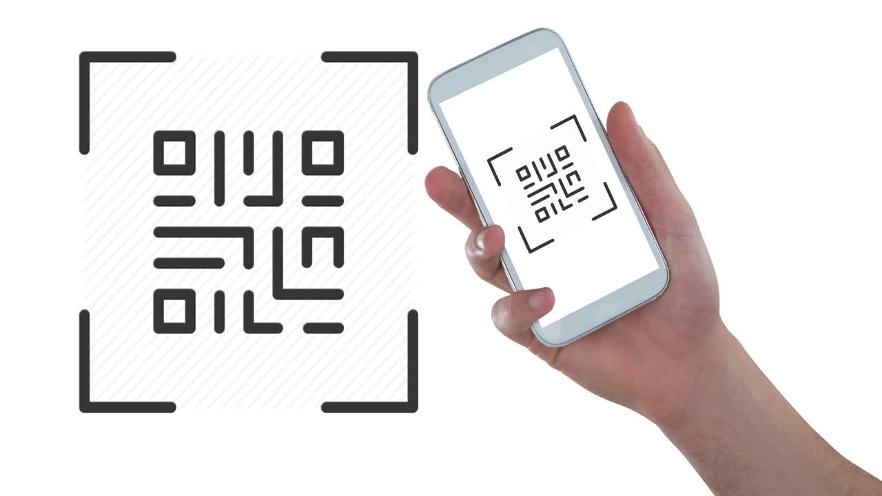 Animation of woman scanning qr code with smartphone on white background