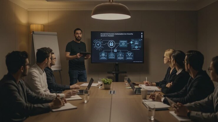 Engaging Business Meeting: A Presenter Discussing Data Security Strategies with Team Members in a Modern Conference Room Setting