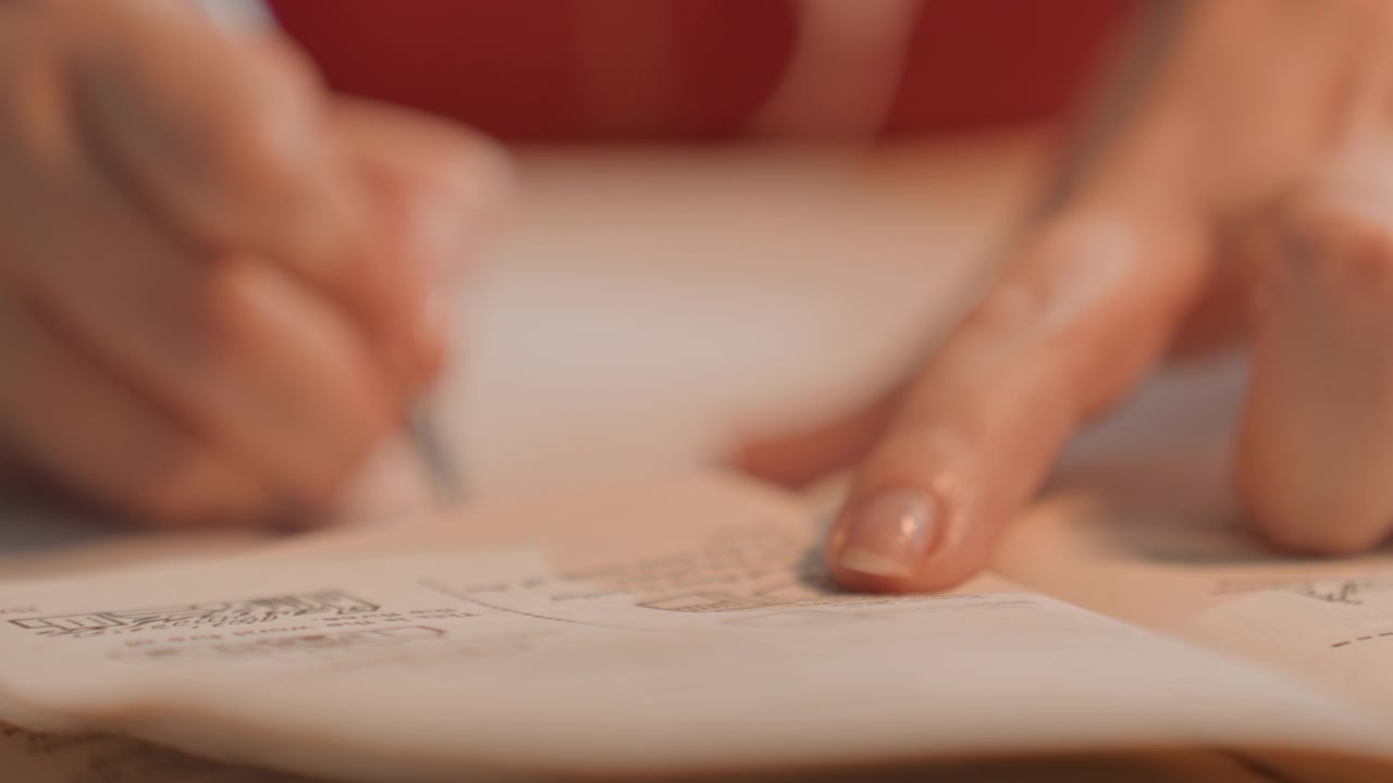 Nahaufnahme von Händen, die auf Papier schreiben, während eine andere Hand darauf zeigt. Die Sequenz besteht aus durchgehenden Nahaufnahmen, die sich ausschließlich darauf konzentrieren. Die Szene spielt in einem Innenraum, wahrscheinlich an einem Tisch oder Schreibtisch.