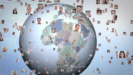 animation of network of people photos over globe